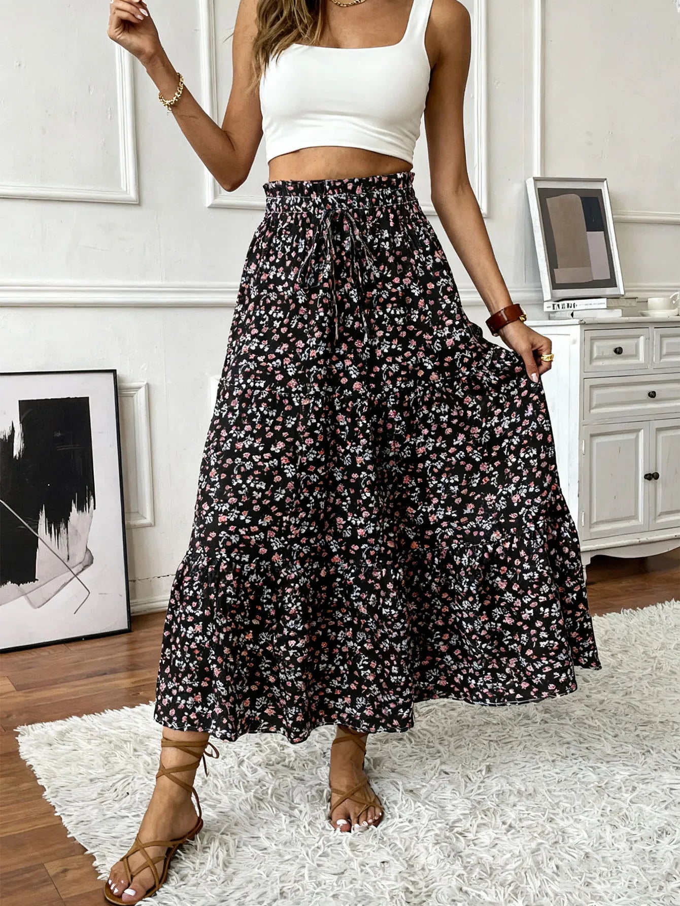 Women's Elastic High Waist Floral Midi Skirt,Vintage Chiffon Flared Long Skirt for Daily Casual Commute Vacation