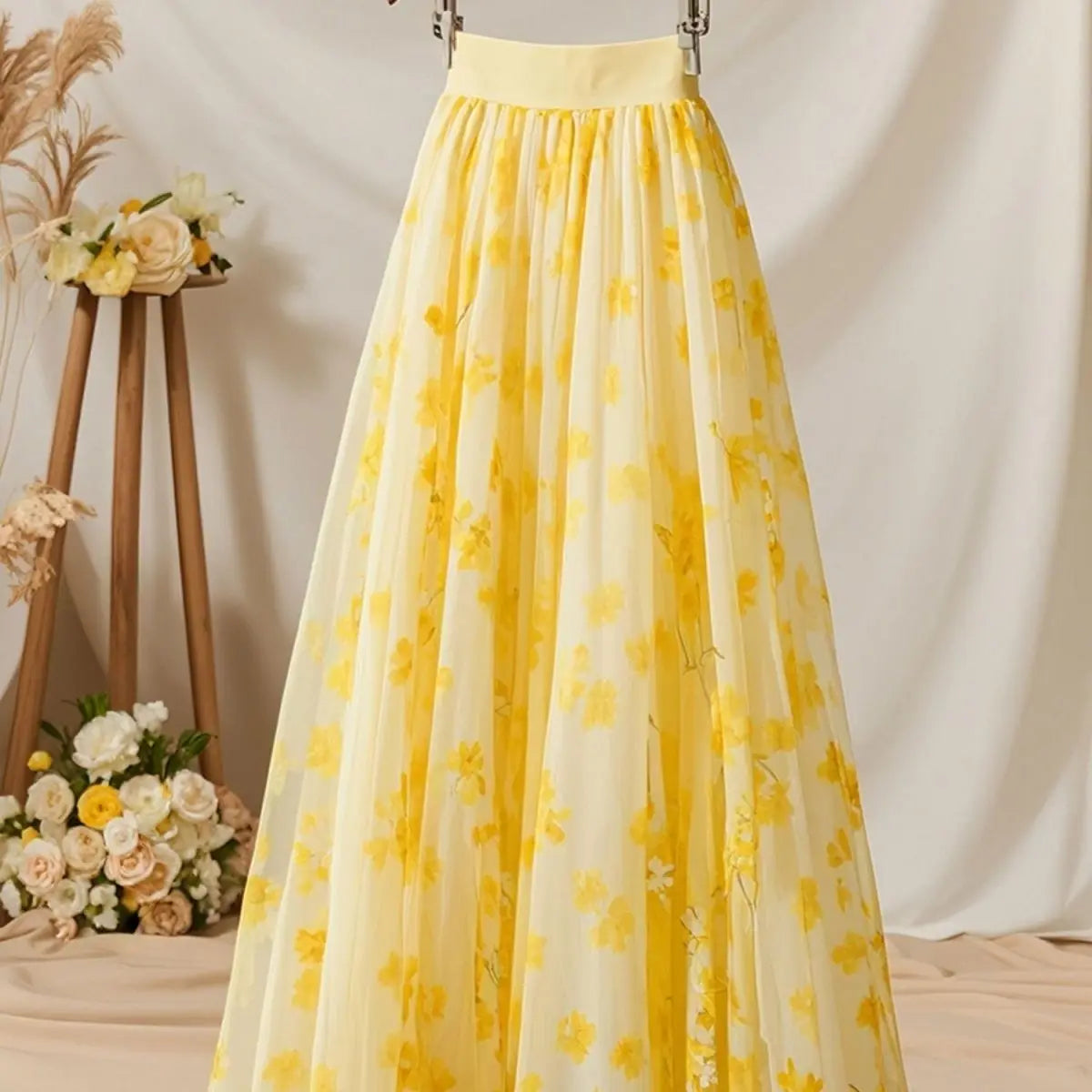 Spring Autumn New Yellow Chiffon Temperament Floral Long Dress Ladies High Waist Skirts Women Clothes All-match A-line Skirt