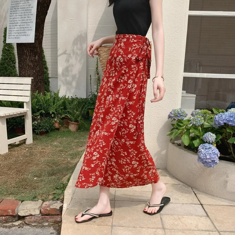 n Sle Midi Skirt Women's Vaion Ethnic Red Floral Print Chiffon Wrap around f Length Skirt Bodycon Sle