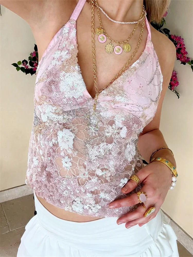 Women Flower Sequined Tank Top Halter V Neck Backless Tie-up Camisole Fashion Sexy Club Vest Summer
