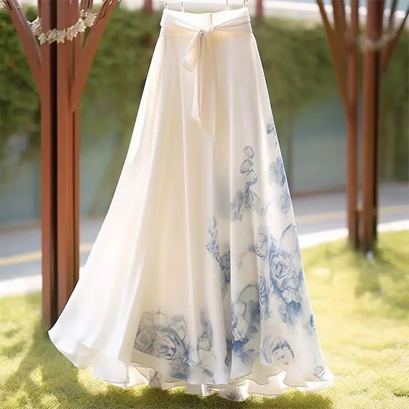 Print Vintage Korean Fashion Clothing Maxi Skirt A Line Chiffon Юбка Pleated Skirts Summer Slim Spring Chic