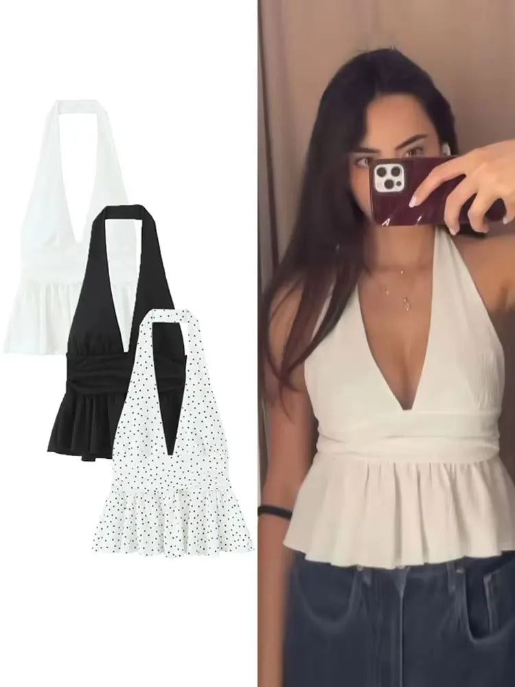 HH Women Vintage Solid Halter Vest Hem Ruffled Lady Sexy Backless Sleeveless V Neck Tops Summer Thin Casual Holiday Chic Top