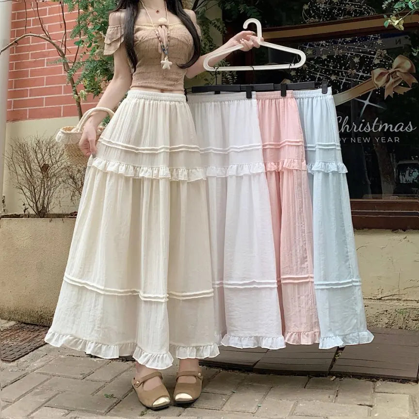 Qiukichonson Pink Summer Skirts Women Goth Cute Frilly Stitching High Waisted A-Line Ruffle Long Midi Chiffon Skirt White Black